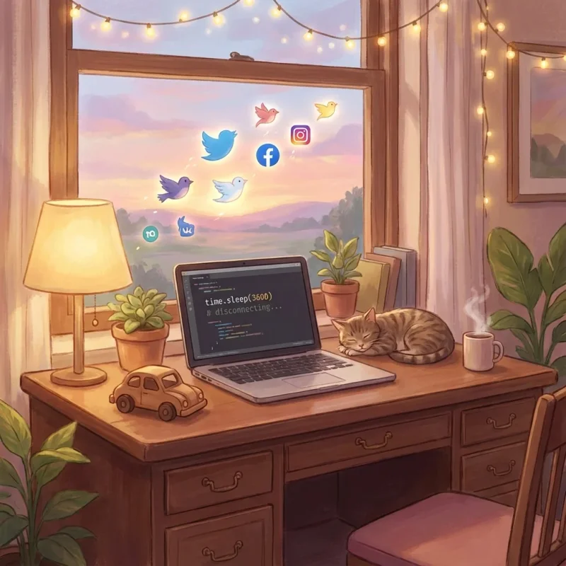 Digital illustration of a developer's desk with a toy car and social media icons flying away